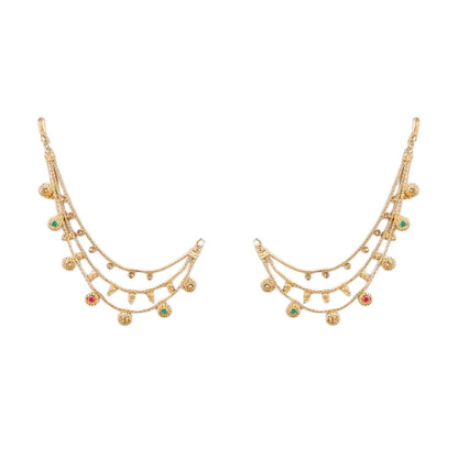 Traditional gold plated layered Kaan Chain with floral charms and red green stone accents for women, ideal for bridal wear, weddings, festive occasions, and ethnic outfits.