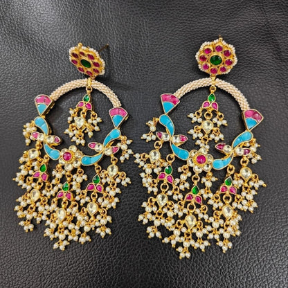 Gold-Plated Multi-Color Meenakari Statement Chandbali Earrings with Pearl Drops