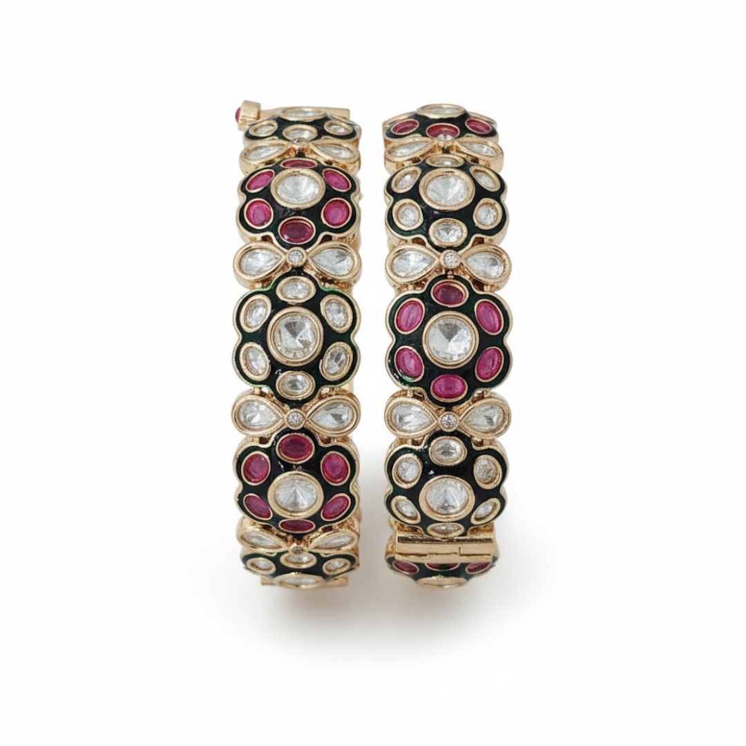 Gold plated red and green enamel Kundan floral handcrafted bridal bangles for women
