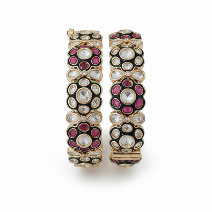 Gold plated red and green enamel Kundan floral handcrafted bridal bangles for women
