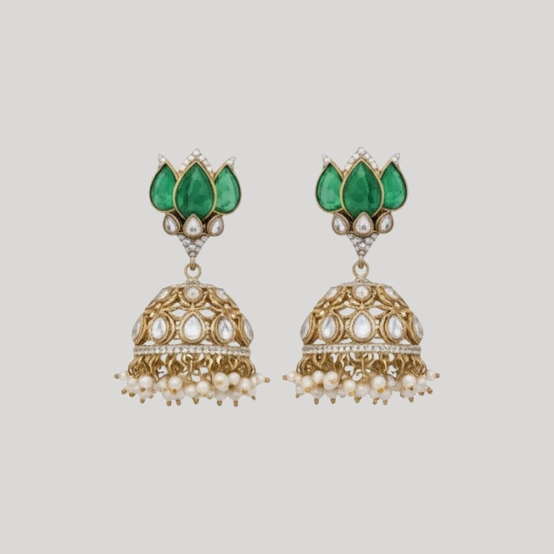 “Kundan and Emerald Polki Multi-Layer Bridal Necklace Set with Earrings