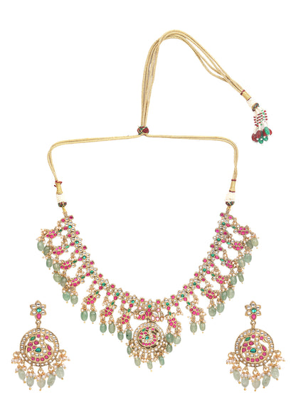 Gold Plated Kundan Necklace Set with Pink & Green Stones and Drop Beads