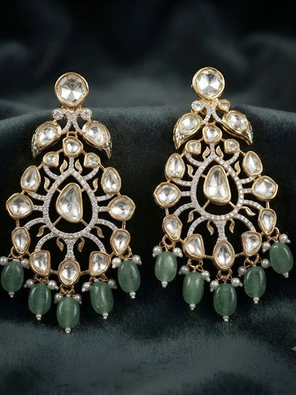 Green Beads Peacock Design Statement Earrings