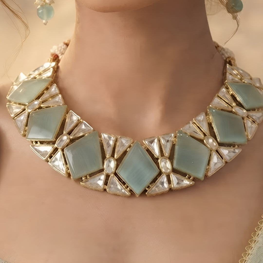 Mint green geometric necklace set with matching earrings and gold plating by Auraa Trends
