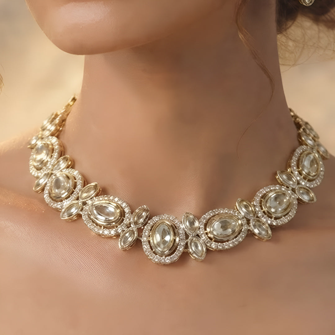 Rose gold oval crystal necklace set with matching drop earrings by Auraa Trends