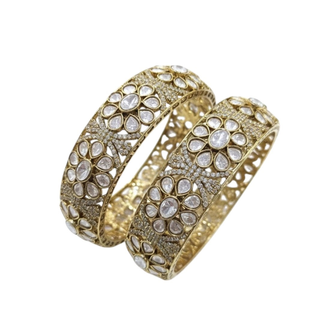 Gold-plated Kundan floral bangles with white stones for women – perfect for weddings and traditional wear