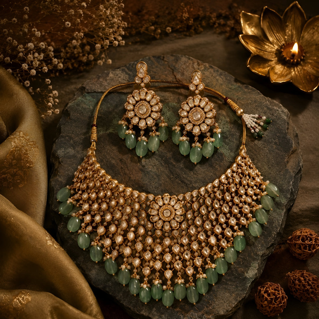 Kundan gold-plated bridal necklace set with green beads and pearl drops