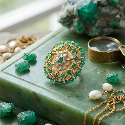 Handcrafted Green Kundan Statement Ring with Pearls