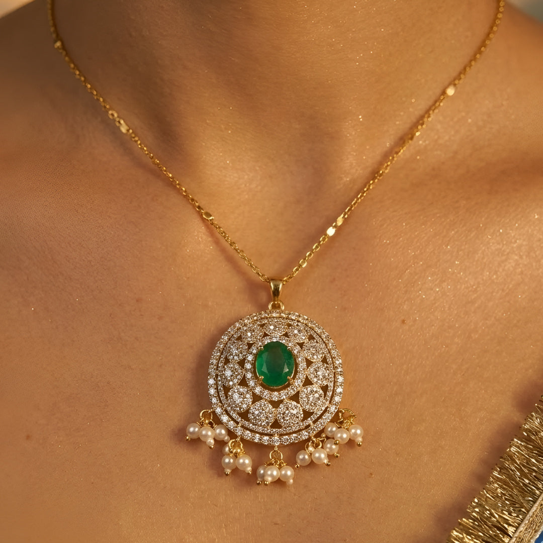 Gold Plated Green Kundan Pendant Necklace Set with Pearl Drop Earrings for Women Traditional Bridal Wedding Jewelry