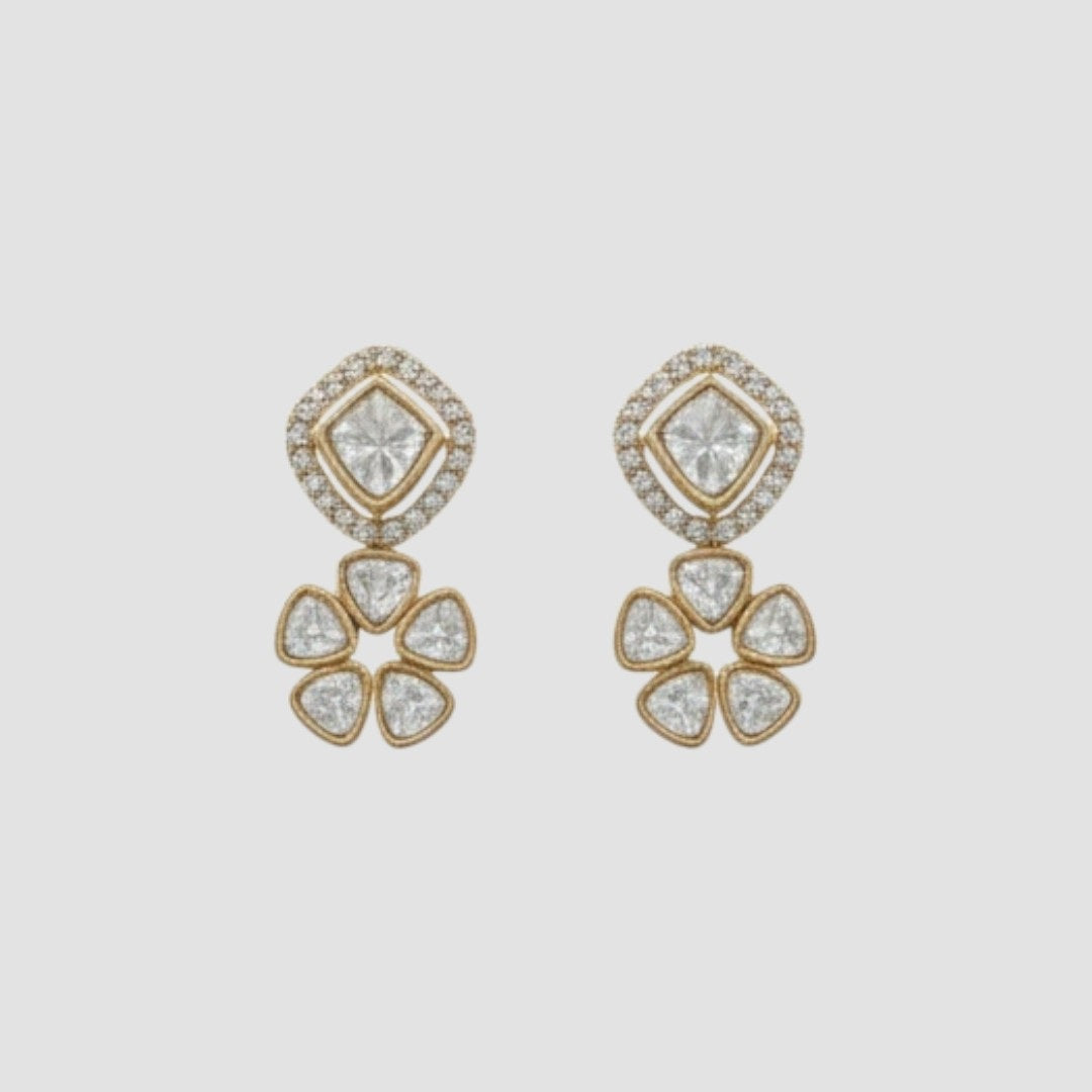 Gold-plated necklace set with floral and geometric crystal pendants and matching earrings