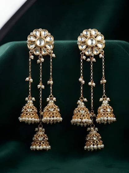 Triple Layer Pearl Tassel Gold-Plated Jhumka