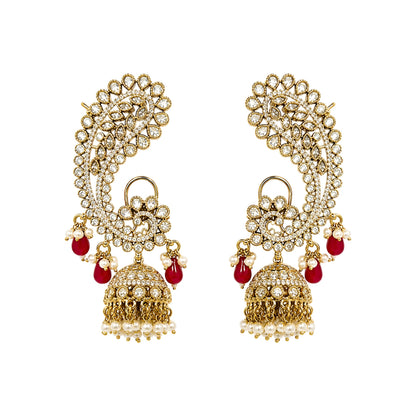 Luxury gold-plated Kundan Polki ear cuff jhumka earrings with ruby red bead drops, pearl tassels, and intricate floral detailing for bridal and festive wear.