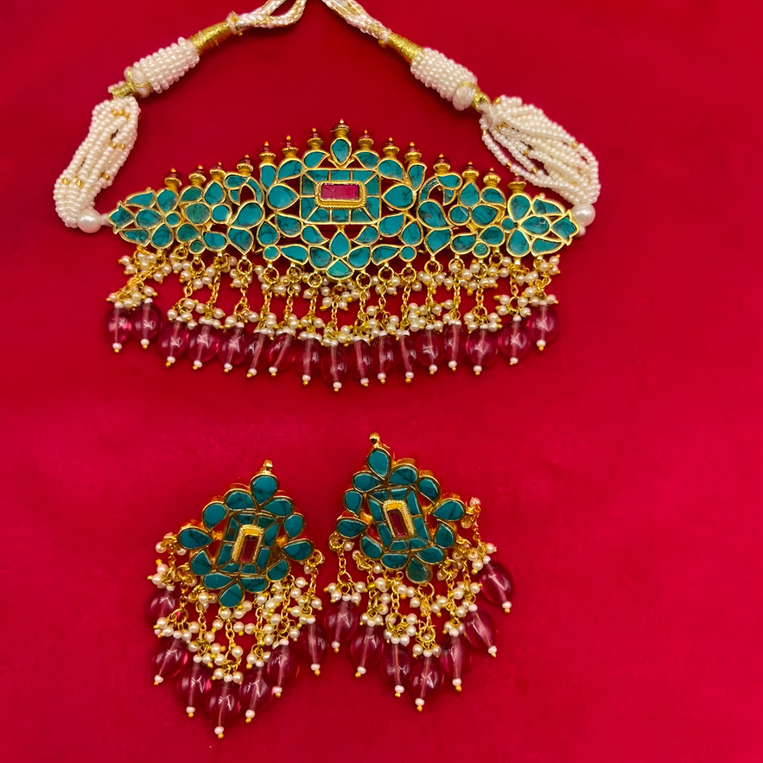 "Turquoise stone choker necklace set with pink bead drops and pearl strands"