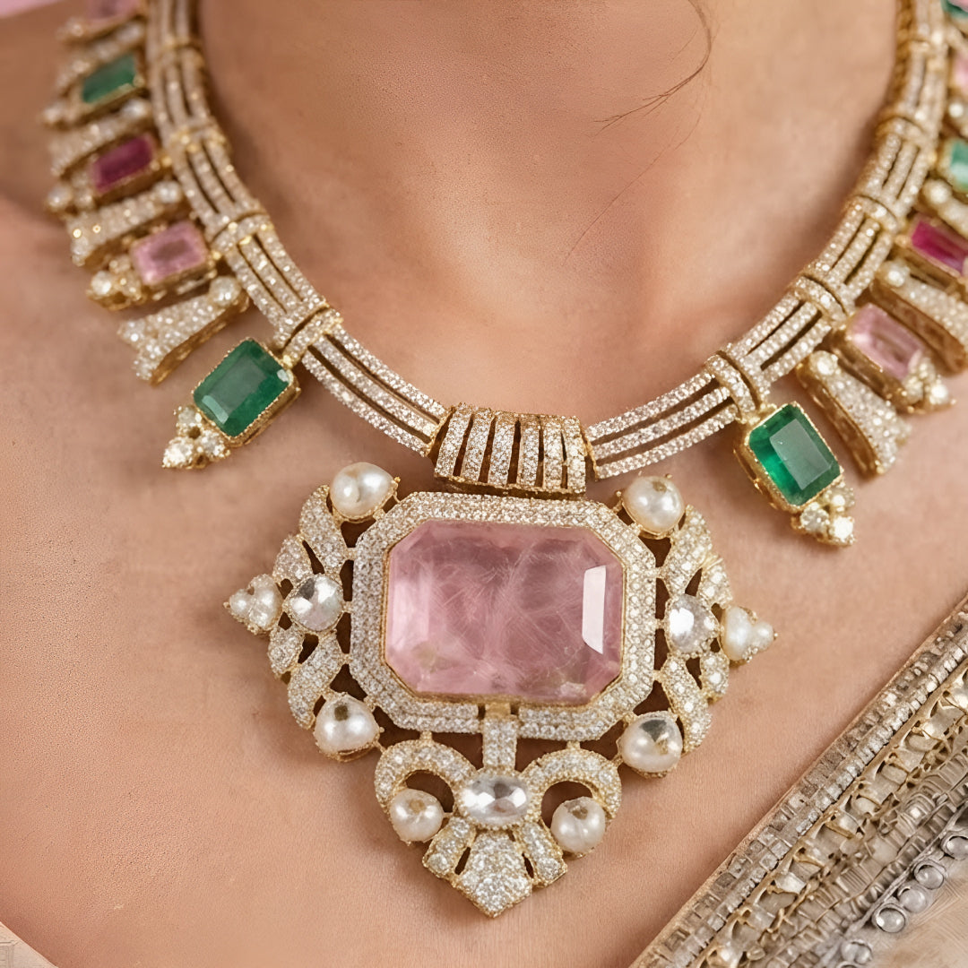 Multicolor tourmaline style necklace set with matching earrings in gold plating by Auraa Trends