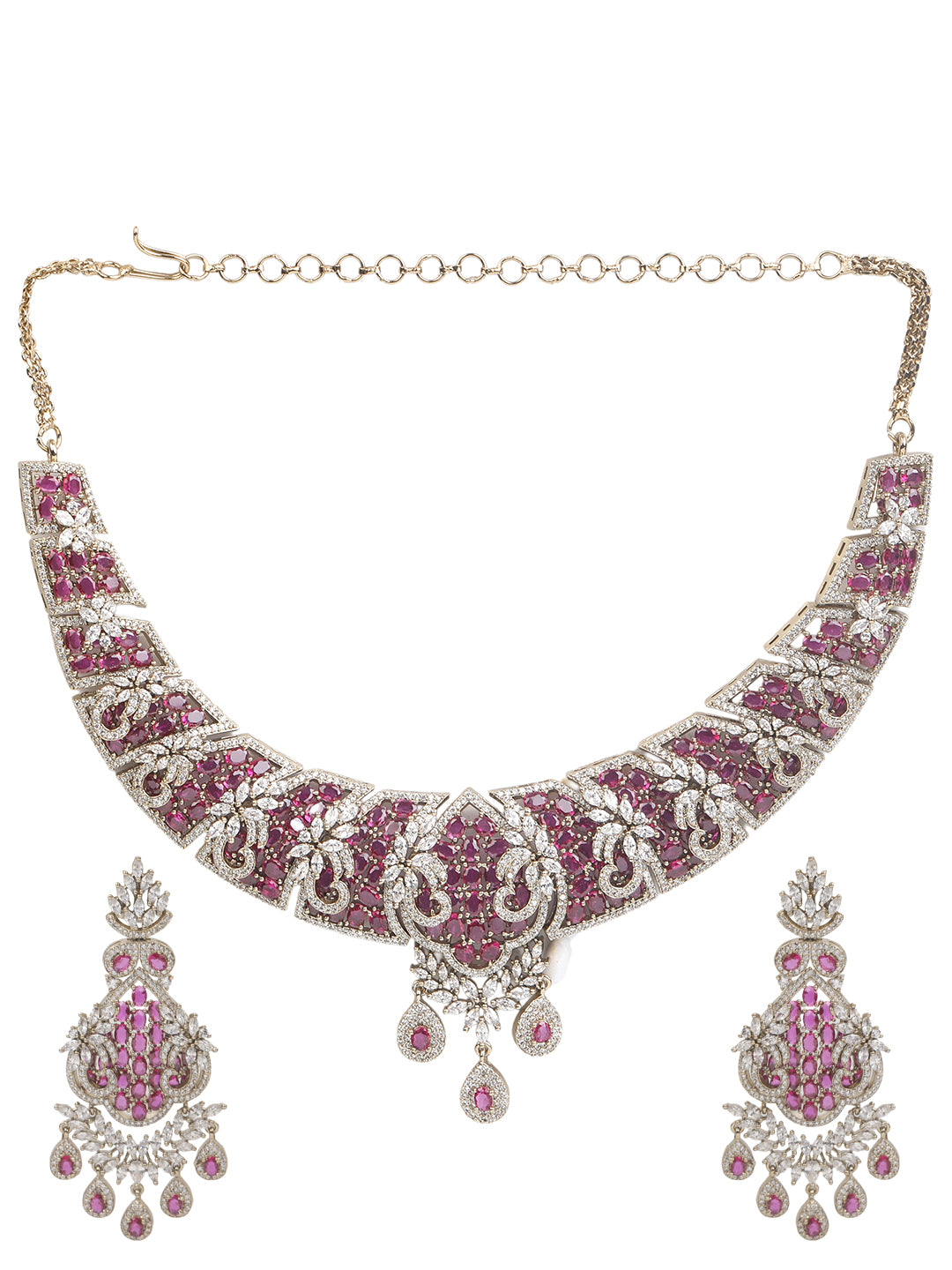 Gold-tone statement necklace set with pink ruby-style stones and clear crystals in an intricate floral design, paired with matching chandelier earrings featuring drop accents.