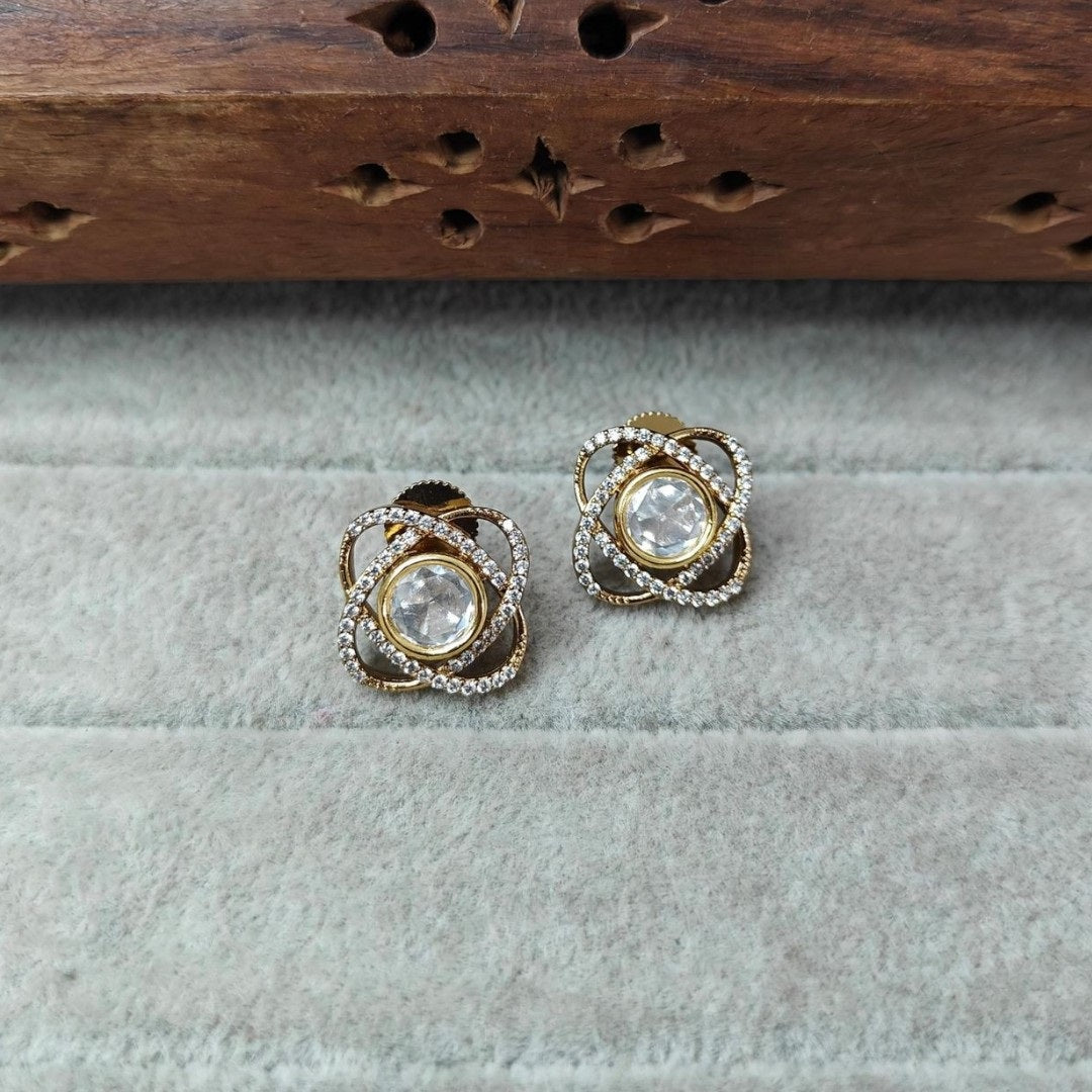 Elegant Gold-Plated Kundan Stud Earrings with Crystal Accents