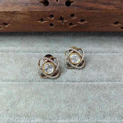 Elegant Gold-Plated Kundan Stud Earrings with Crystal Accents