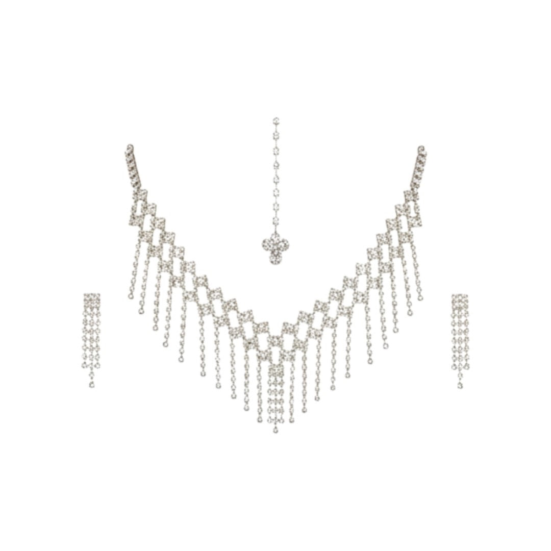 Silver-plated cascading crystal necklace set with earrings and maang tikka for bridal and festive occasions.