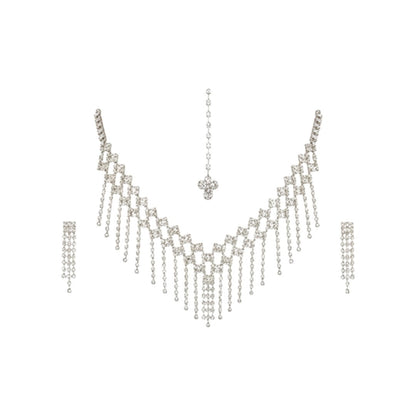 Silver-plated cascading crystal necklace set with earrings and maang tikka for bridal and festive occasions.