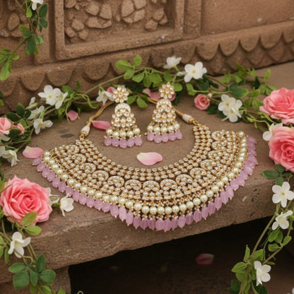 Kundan Pearl Bridal Necklace Set with Pink Beads & Maang Tikka