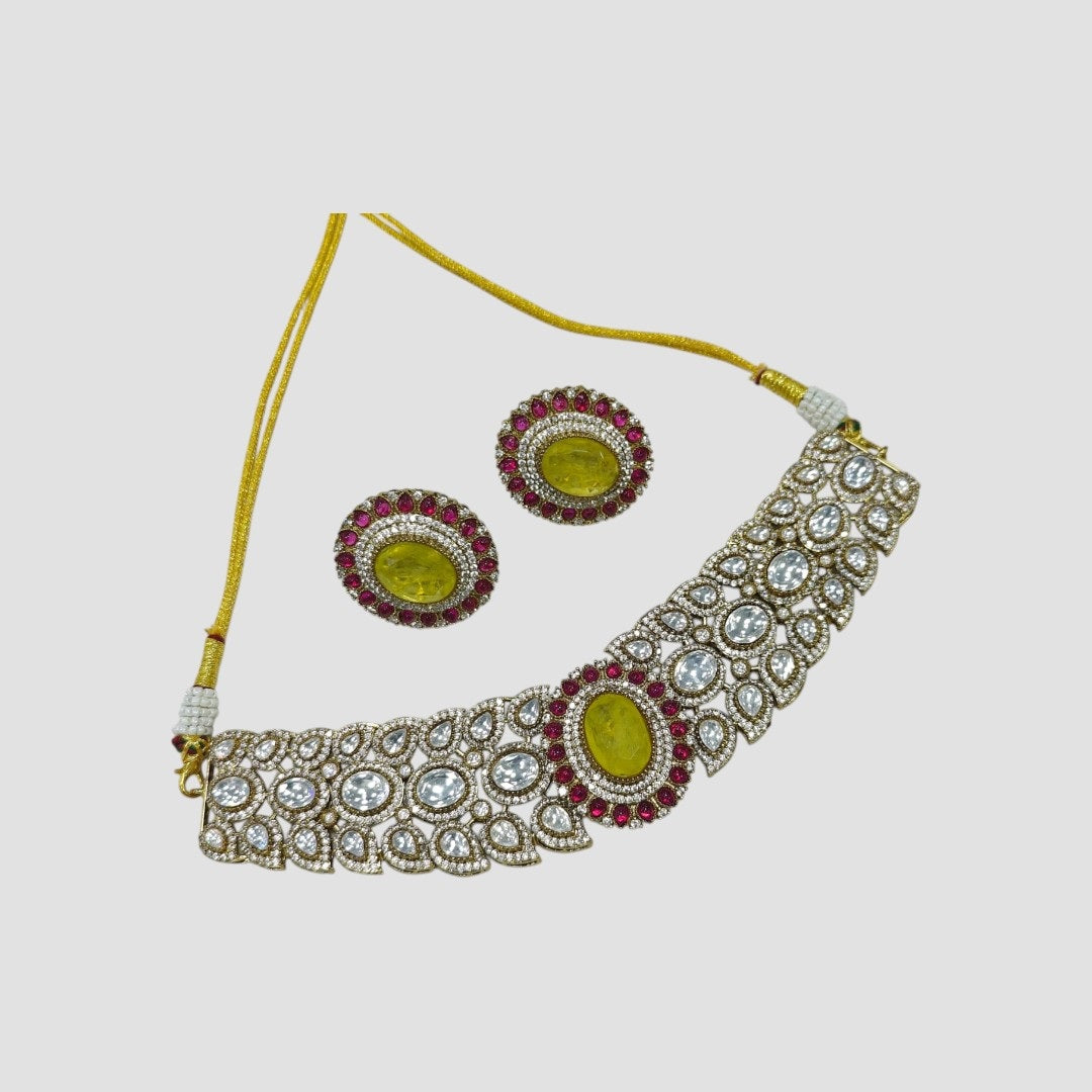 Yellow Stone & Ruby Studded Gold-Plated Choker Necklace Set