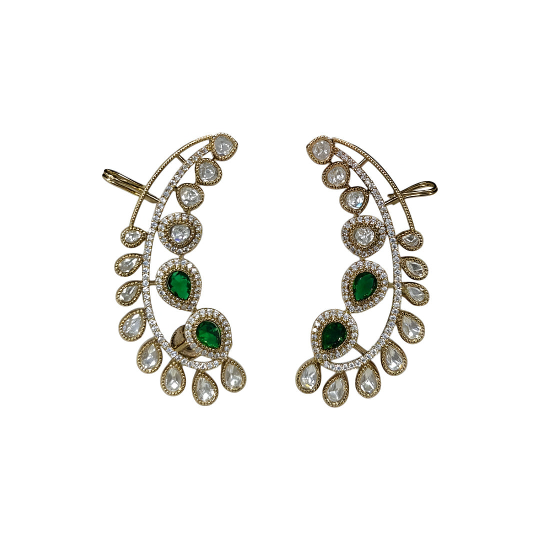 Luxury gold-plated ear cuff earrings with sparkling American diamonds and emerald green pear-shaped stones for women.