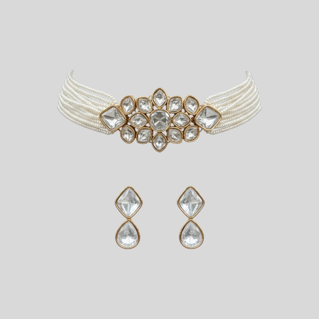 Premium Kundan Pearl Choker Necklace Set with Earrings