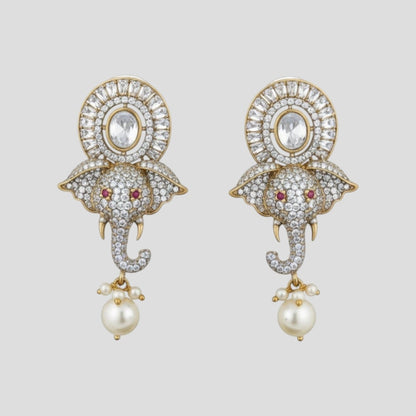 Elephant motif Kundan and CZ stone choker necklace set with matching earrings and pearl drops in green and white accents