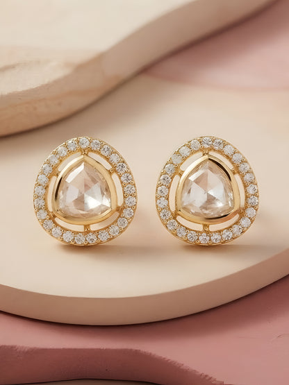 Shop elegant gold-plated polki stud earrings with rose-cut crystal center and CZ halo. Perfect minimal earrings for daily & festive wear. Buy now!