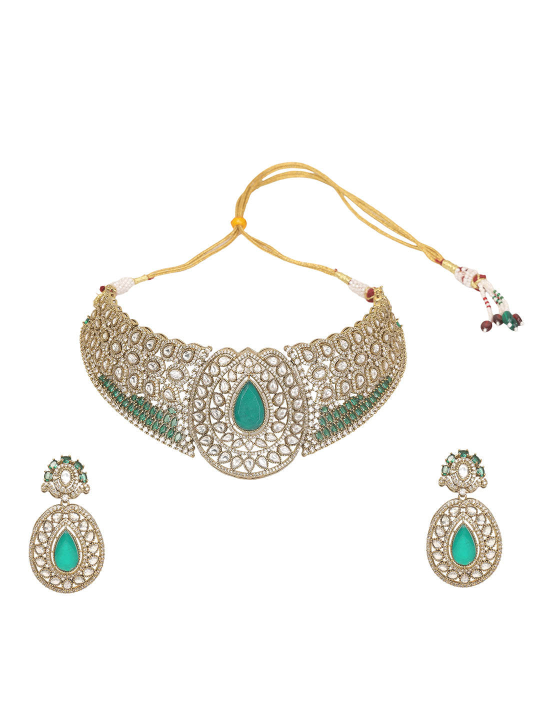 Gold-tone choker necklace set with intricate kundan-style detailing, highlighted by a large teardrop green stone centerpiece and matching drop earrings.