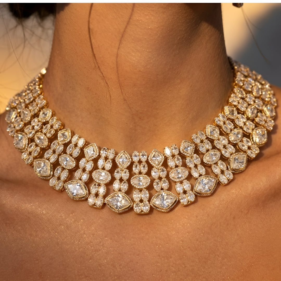 Gold-tone Kundan choker necklace set with matching earrings featuring white uncut-style stones, ideal for bridal, wedding, and festive wear.