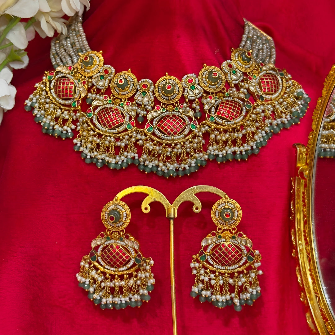 Temple jadau choker necklace set with ruby kemp stones and pearl tassels