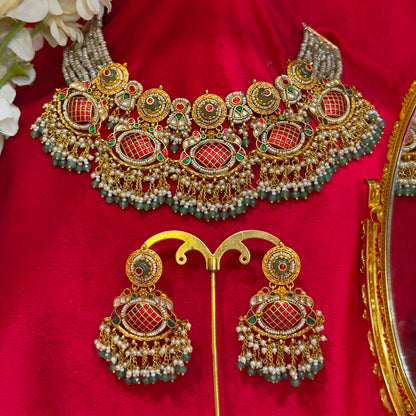 Temple jadau choker necklace set with ruby kemp stones and pearl tassels