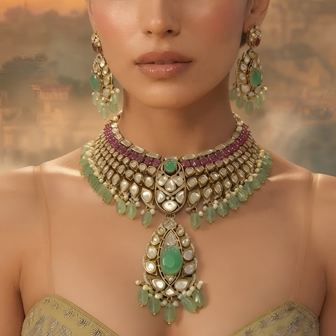Luxury Green Kundan Bridal Choker Necklace Set with Ruby Stones, Pearl Drops, and Matching Earrings for Wedding and Traditional Wear.