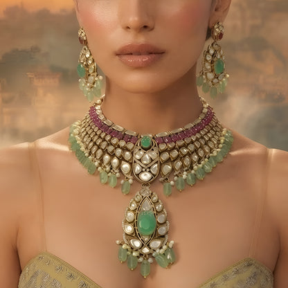 Luxury Green Kundan Bridal Choker Necklace Set with Ruby Stones, Pearl Drops, and Matching Earrings for Wedding and Traditional Wear.