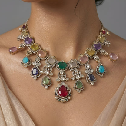 Luxury Multicolor Kundan Statement Necklace Set with Ruby Drop Earrings for Women