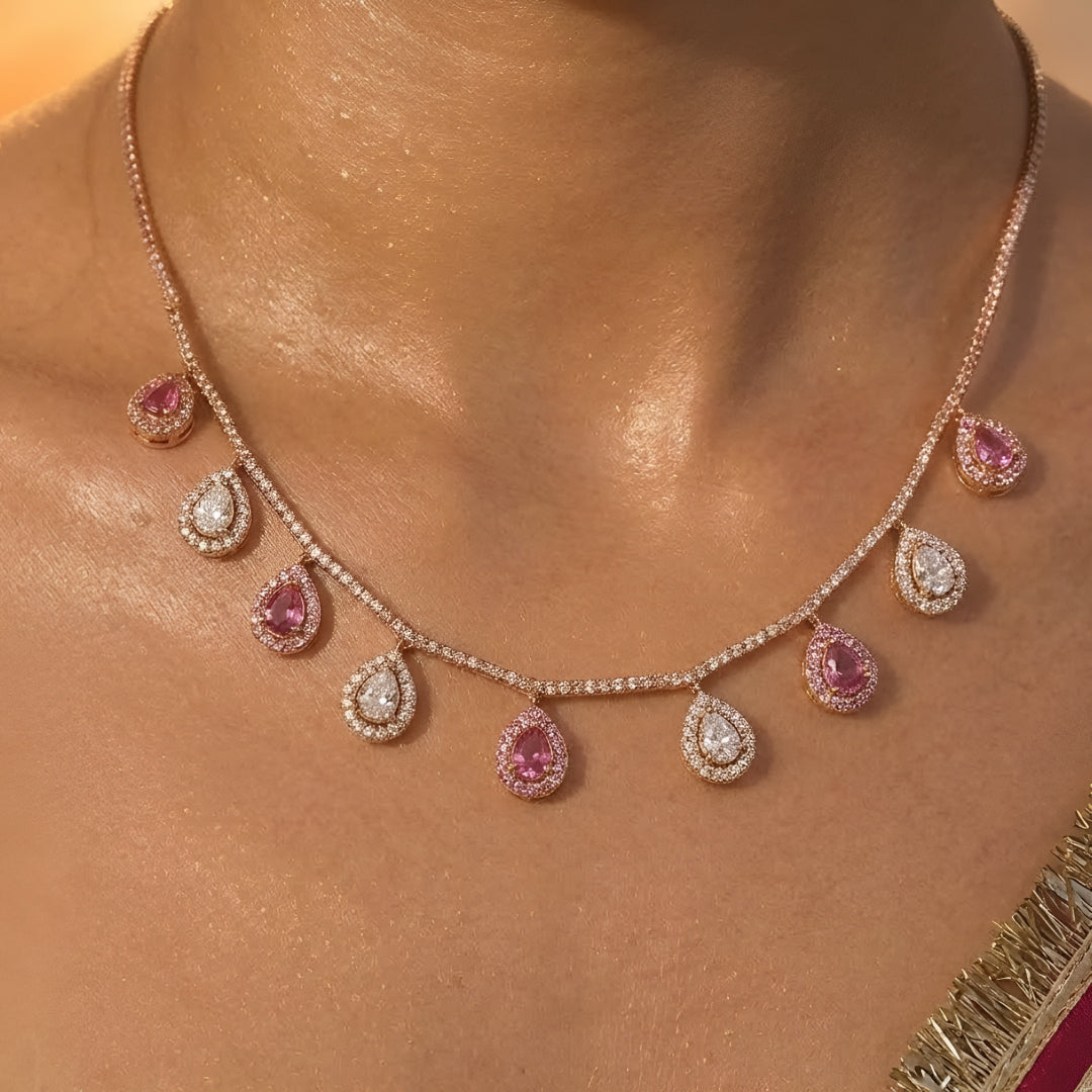 Gold Plated Pink and White Kundan Drop Necklace Set with Matching Earrings for Women Traditional Bridal Wedding Jewelry