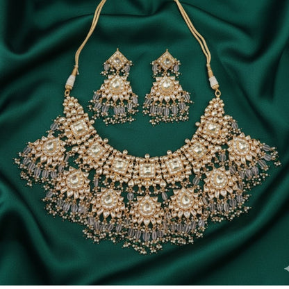 Luxury Kundan Choker Necklace Set with Grey Beads & Statement Earrings