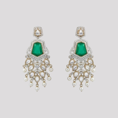 "Long gold-finish necklace set with emerald green stones, white American Diamond detailing, cascading pearl-style drops and matching long earrings displayed on a light background."