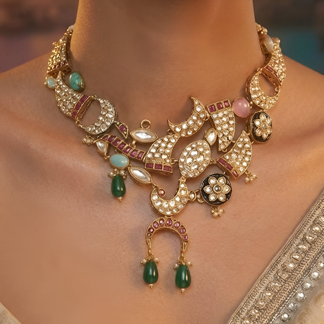 Designer gold-plated kundan necklace set with floral enamel motifs, pink stone accents, sparkling white kundan work, green bead drops, and matching statement earrings.