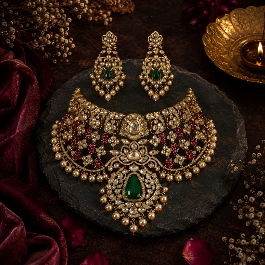 Bridal Kundan Meena Choker Set with Green Stone
