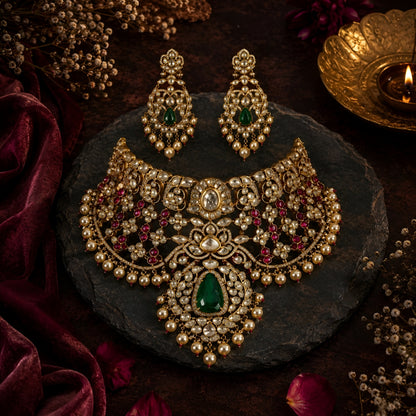 Bridal Kundan Meena Choker Set with Green Stone
