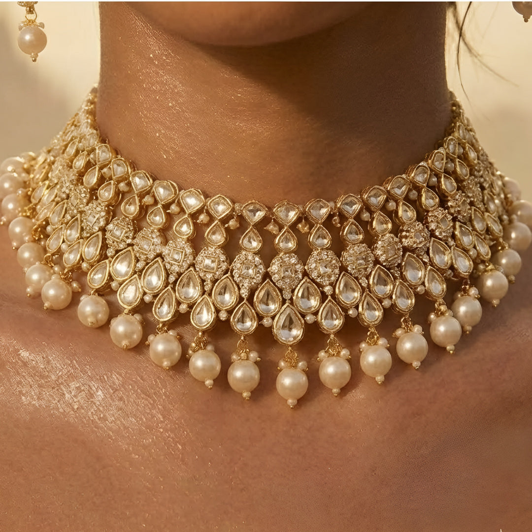 Gold-toned Kundan pearl choker necklace set featuring floral motifs, teardrop stones, pearl danglers, and matching earrings on a white background.