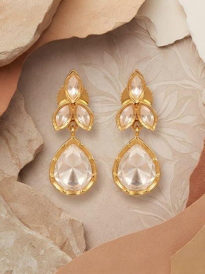 "Gold-plated teardrop crystal earrings with leaf cluster design and pear-shaped CZ drop, elegant party wear earrings on white background"