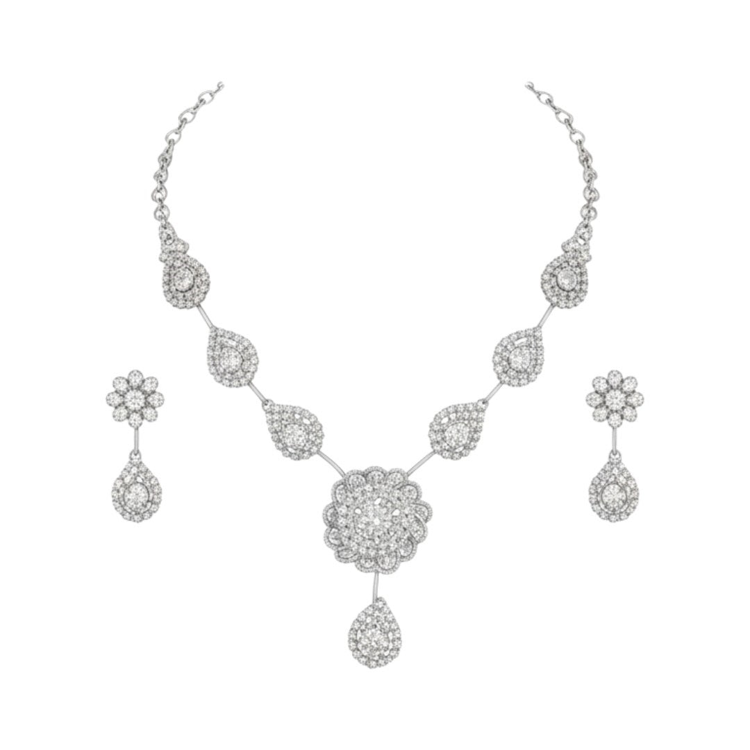 Floral design silver-plated necklace and earrings set for bridal and special occasions.