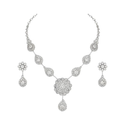 Floral design silver-plated necklace and earrings set for bridal and special occasions.