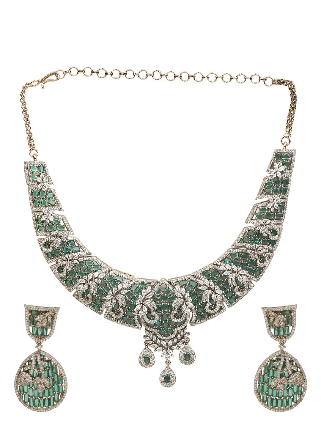 Emerald and diamond statement necklace set with matching drop earrings in gold finish