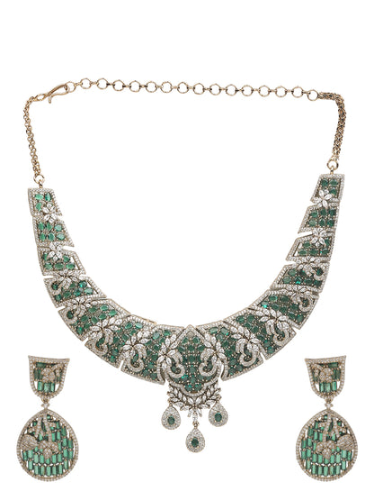 Emerald and diamond statement necklace set with matching drop earrings in gold finish