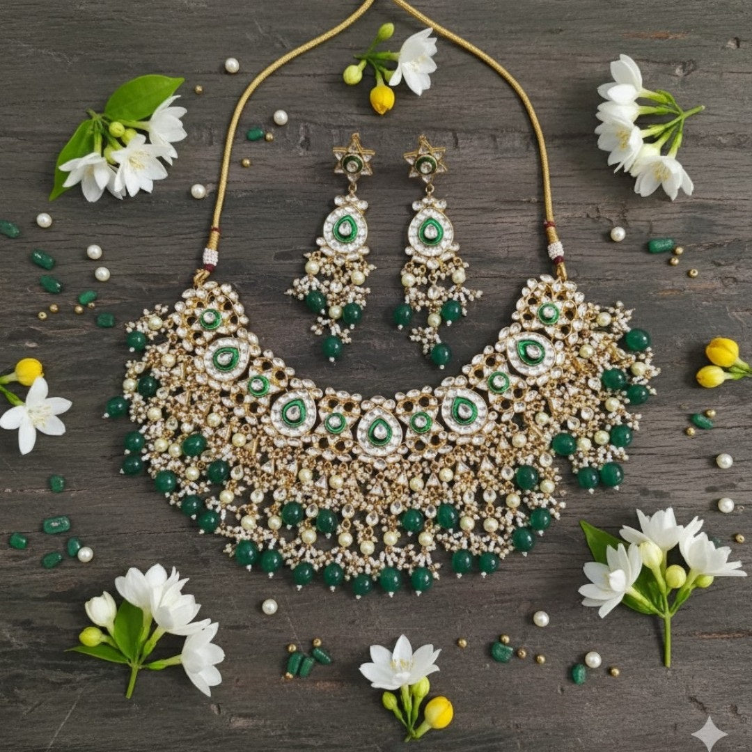 Gold-Plated Kundan Choker Necklace Set with Green Beads & Pearl Drops