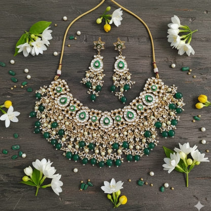 Gold-Plated Kundan Choker Necklace Set with Green Beads & Pearl Drops